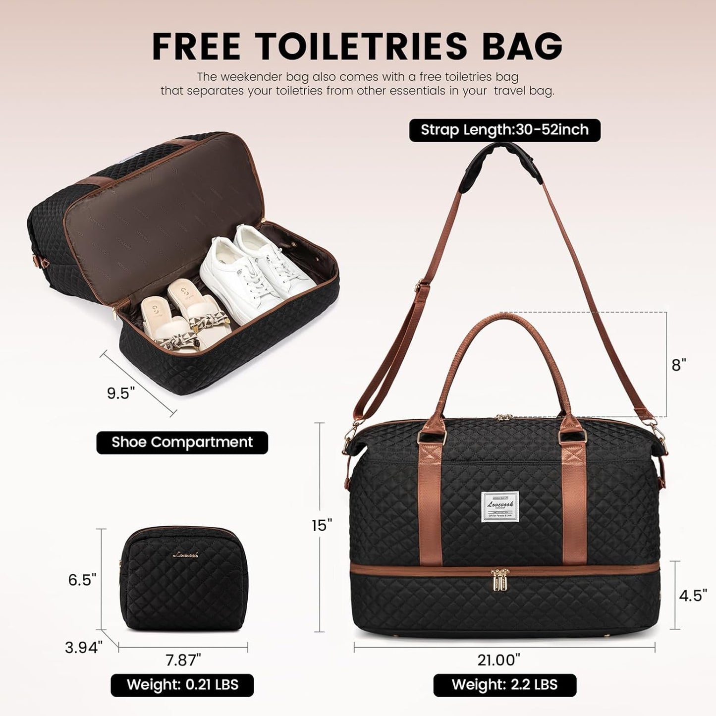 LOVEVOOK Travel Duffle Bag,Weekender Bags for Women with Shoe Compartment，Carry on Overnight Bag with Toiletry Bag,Gym Duffel Bag with Wet Pocket, Hospital Bags for Labor and Delivery