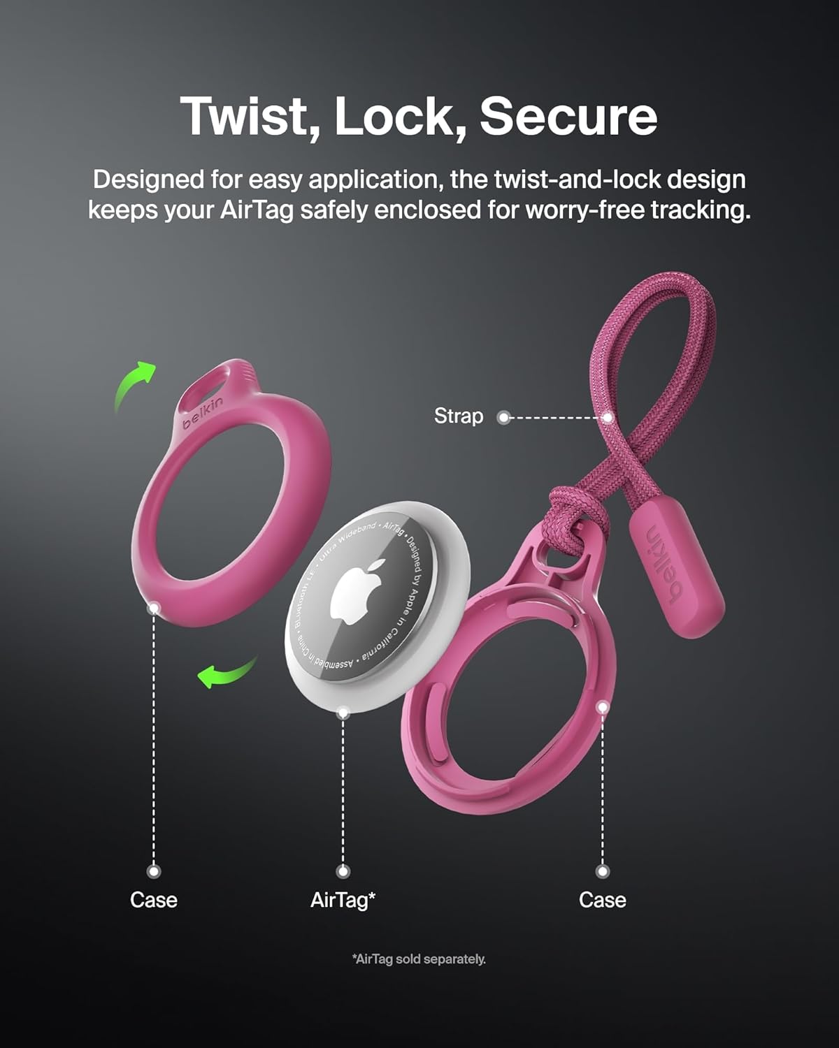 Belkin Apple Airtag Secure Holder With Strap - Apple Air Tag Keychain - Airtag Holder With Strap For Key Ring - Airtag Keychain Accessories - Scratch Resistant Airtag Case With Raised Edges - Pink