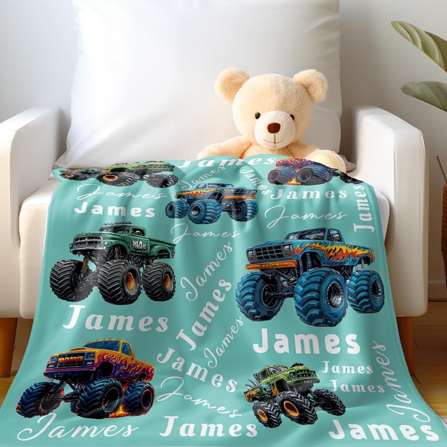 Ship Next Day, Personalized Truck Blanket - Printed in USA, Custom Name Blankets for Kids with Big Off Road Auto Vehicle Graphic, Home Bedding Decor, Fun Birthday Gift for Boys&Girls Women Man