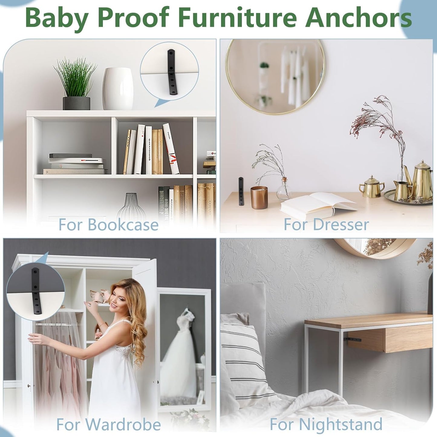 8 Pcs Furniture Anchors, OEH Furniture Anchors for Baby Proofing, No Drilling Furniture Wall Anchor Earthquake Straps, Anti Tip Furniture Straps for Baby Cabinet Dresser to Prevent Falling, Small