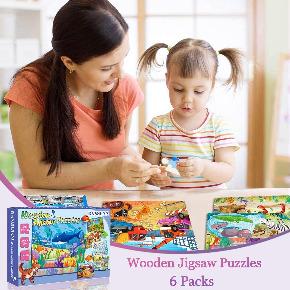 Wooden Puzzles for Kids Ages 3-5, 24 Piece Colorful Learning Toys for Toddler Children - Educational for Boys and Girls (6 Puzzles)