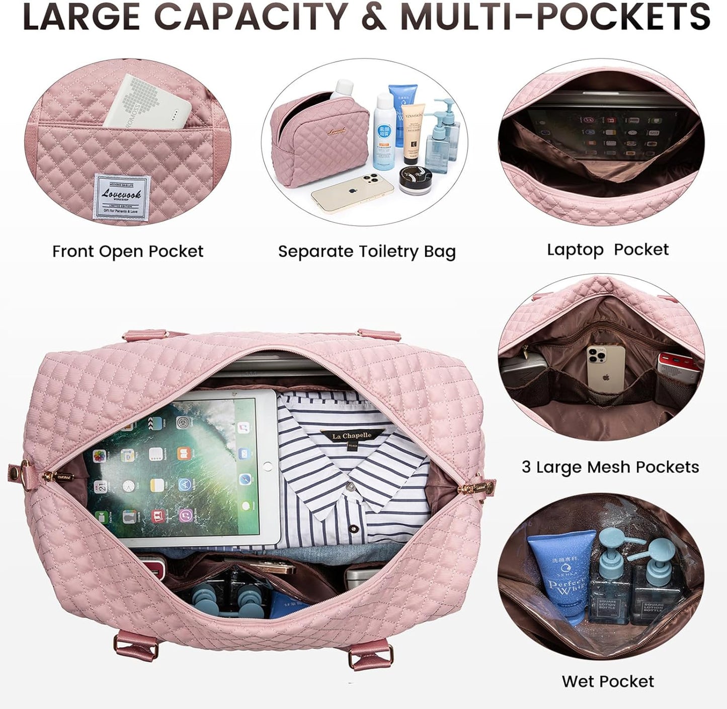 LOVEVOOK Travel Duffle Bag,Weekender Bags for Women with Shoe Compartment，Carry on Overnight Bag with Toiletry Bag,Gym Duffel Bag with Wet Pocket, Hospital Bags for Labor and Delivery