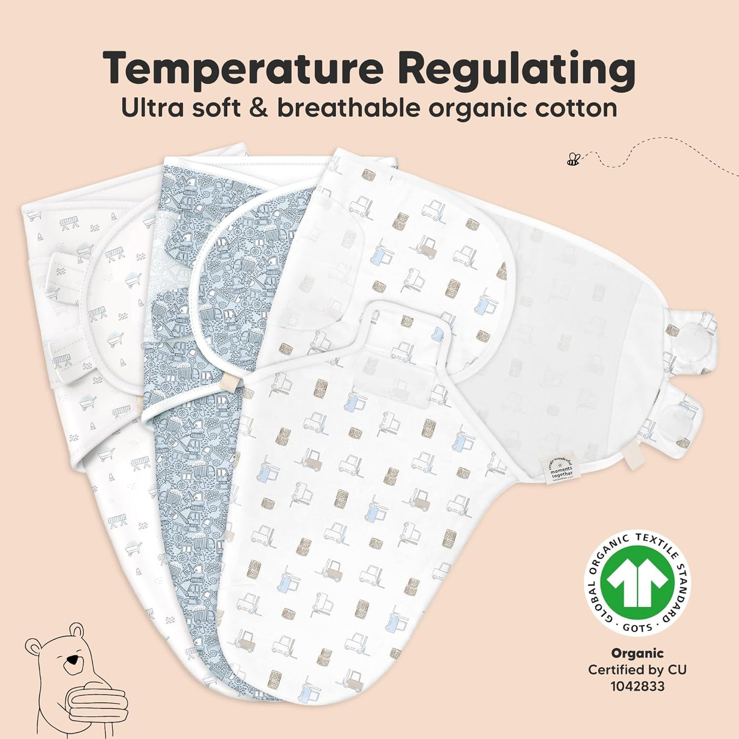 KeaBabies 3-Pack Organic Baby Swaddle Sleep Sacks - Swaddles for Newborns, Infant 0-3 Months, Baby Girls, Boys, Soft & Snug Newborn Sleep Sack, Nursery Swaddling Blankets (Excavation)