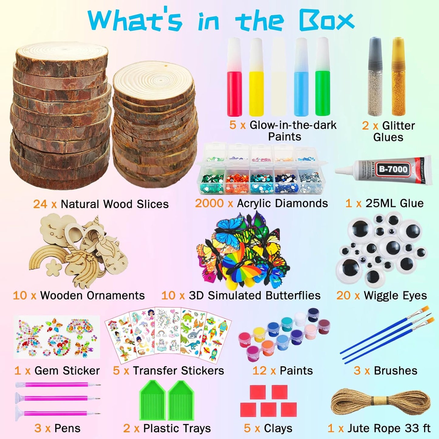 KIRKOTOY Wooden Crafts Kit for Kids-Glow in The Dark-Arts & Crafts Gifts for Boys Girls Age 6-12, 24 Wood Slices with Painting Craft Activities Kits, Creative Art Toys for 6 7 8 9 10 11 12 Year Old