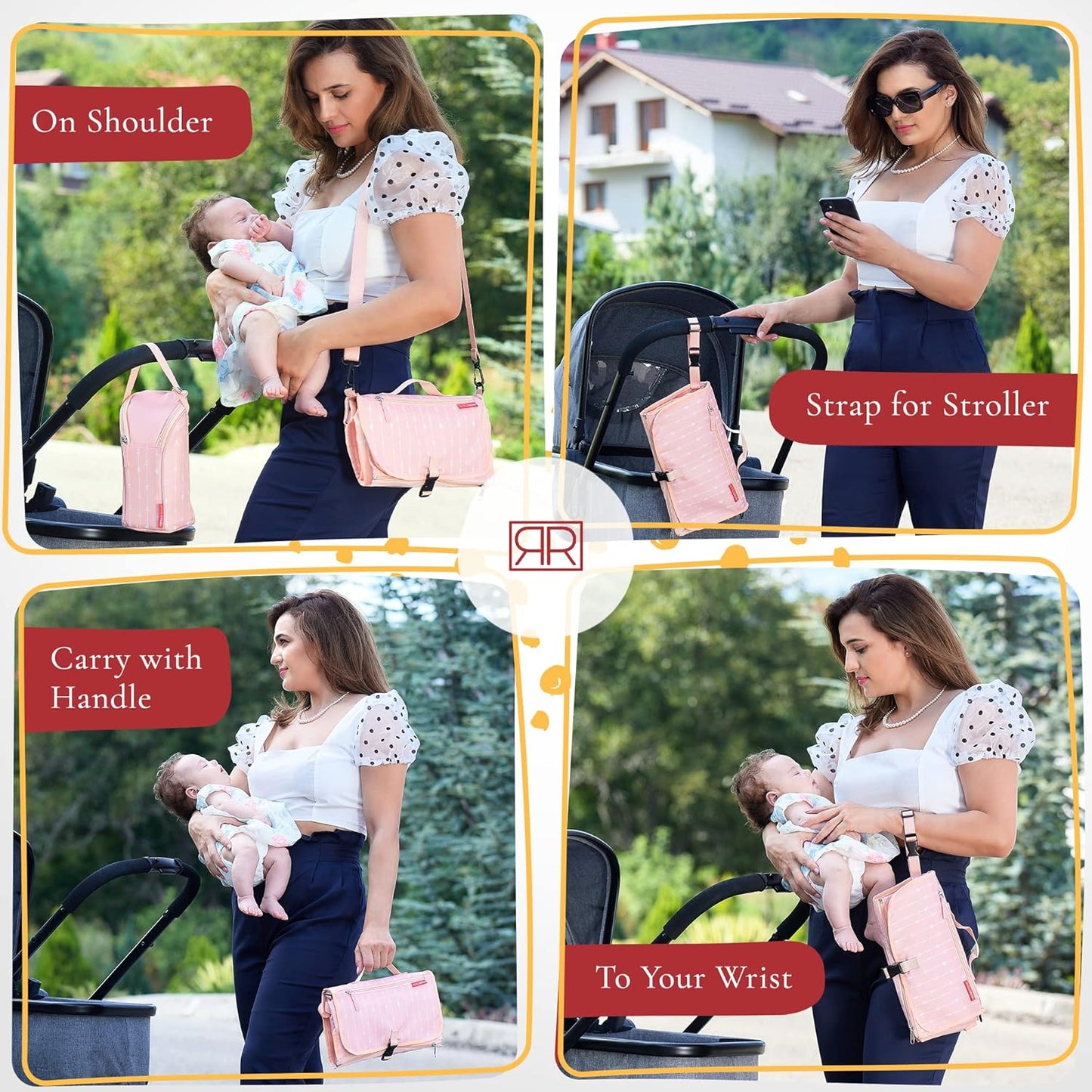 Premium Portable Diaper Changing Pad – CPC Certified Waterproof 2-in-1 Diaper Clutch & Changing Mat with Head Cushion – Bonus Insulated Bottle Bag – Travel Kit Gift for Baby Girls & Boys (Peach)