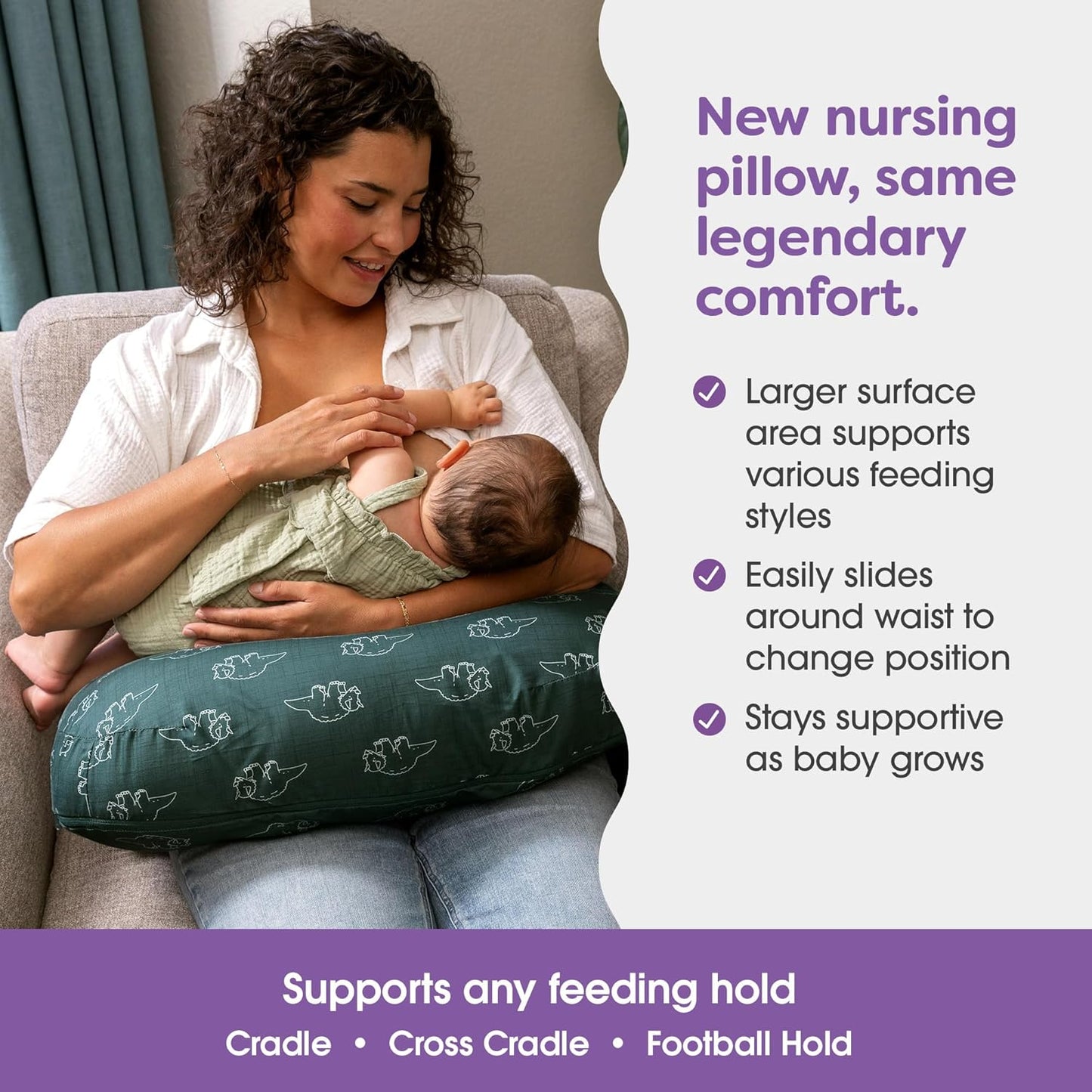 Boppy Nursing Pillow - Ergonomic Bottle & Breastfeeding Pillow with High, Firm, Large Area, Water-Repellent Cushion with Washable Cover; Baby Safety Alliance Verified - Forest Green Dinos