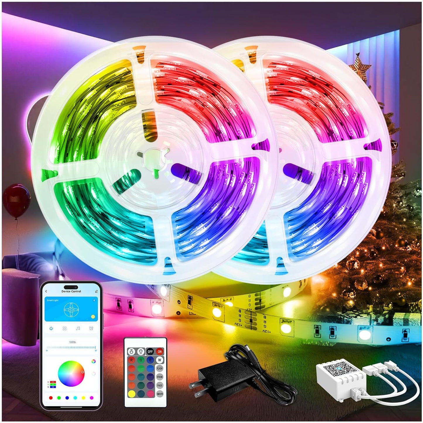 DAYBETTER LED Lights for Bedroom 132ft (2 Rolls of 65.6ft), Music Sync Color Changing Strip Lights with Remote, 24V Power Supply, Classroom Lighting, Room Decor for Teen Girls Boys Birthday Gifts