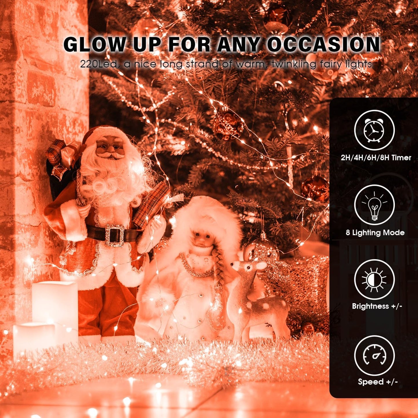 Fairy Lights 72ft 220 LED USB Twinkle String Lights Plug in Silver Wire Lights with Remote and Timer 8 Modes Outdoor Waterproof Starry Lights DIY Party Wedding Christmas Decoration（Orange）