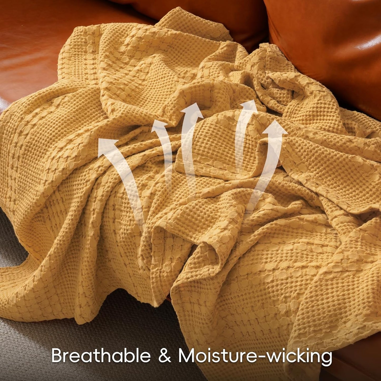 PHF 100% Cotton Waffle Weave Blanket King Size, Soft Lightweight Breathable Cozy Summer Blankets for Bed, Luxury Aesthetic Woven Bedding for Home Decor, 108"x90", Ginger/Honey Yellow