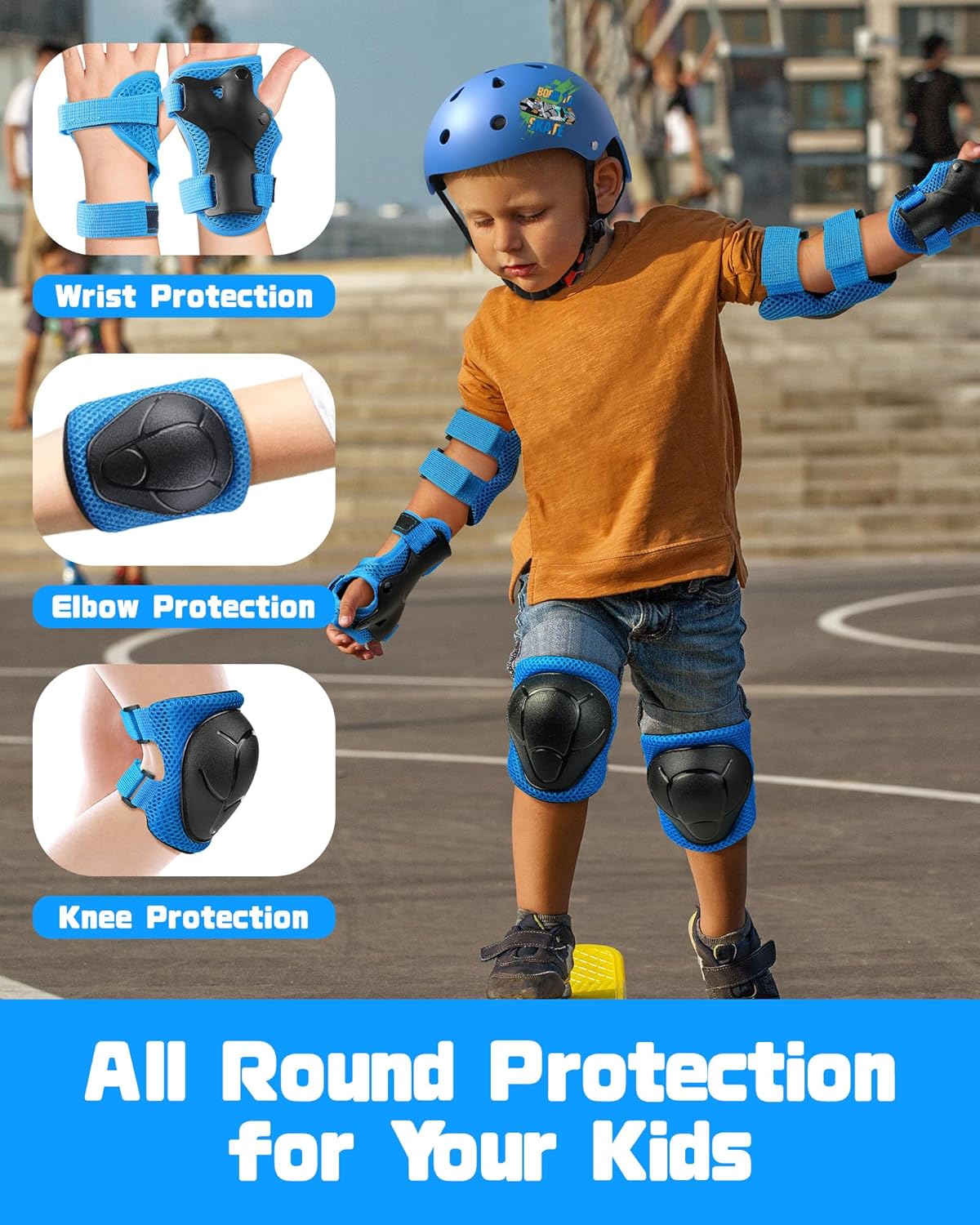 Kids Protective Gear Set, Knee and Elbow Pads with Wrist Guards for Ages 3-8 Year Toddler, 3 in 1 Enhanced Material Protective for Skating Cycling Bike Roller Scooter, Includes Organizer Bag
