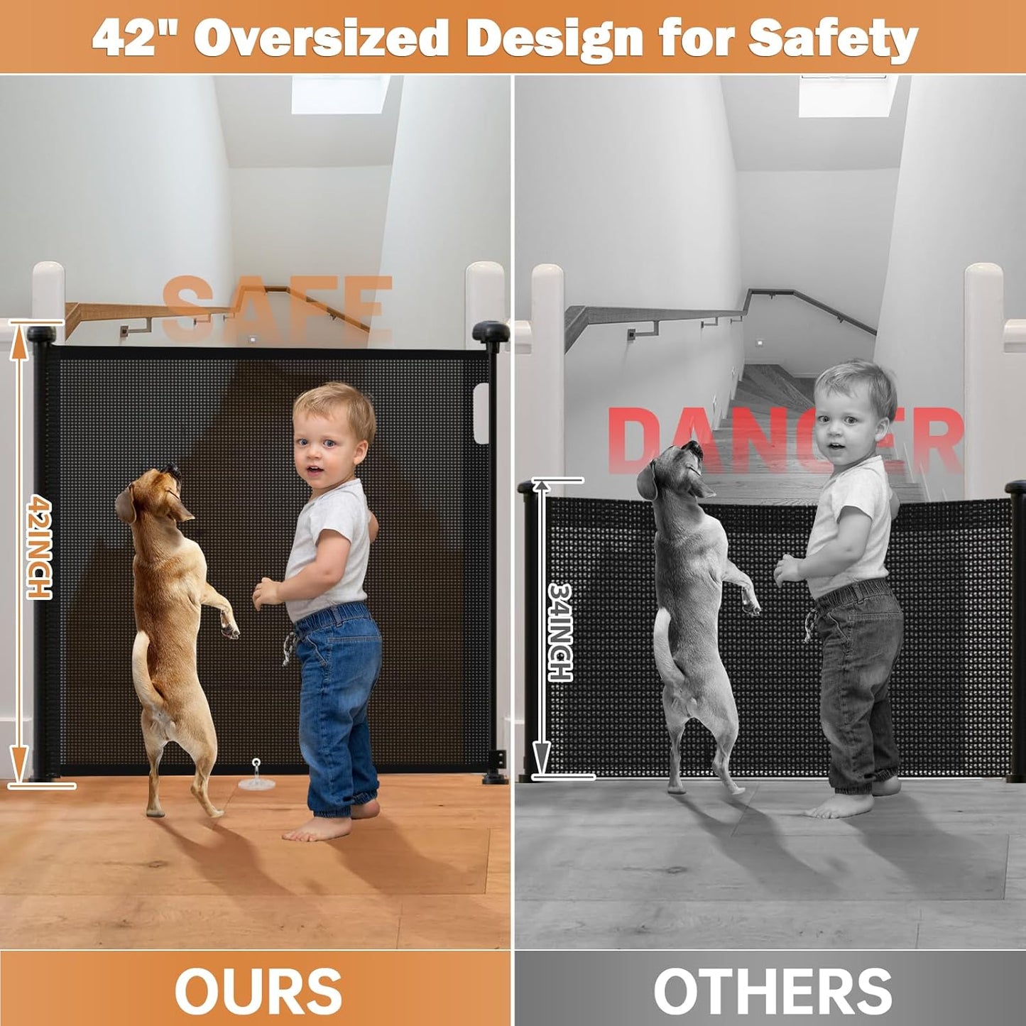 Retractable Baby Gates for Stairs, 78" Extra Wide Retractable Dog Gate with Support Rods for The House, 42" Extra Tall Baby Safety Gates Pet Gate for Doorways, Hallways, Indoor, Outdoor