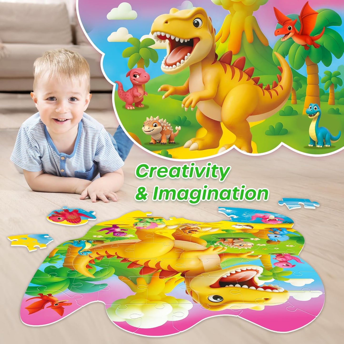 SYNARRY Dinosaur Floor Puzzles for Kids Ages 4-6, Large 45 Piece Floor Puzzles for Kids Ages 3-5, Dinosaur Puzzles for 4-8 Years Old, Dino Toys Gifts for 3 4 5 6 7 8 Years Old Boys Girls Child