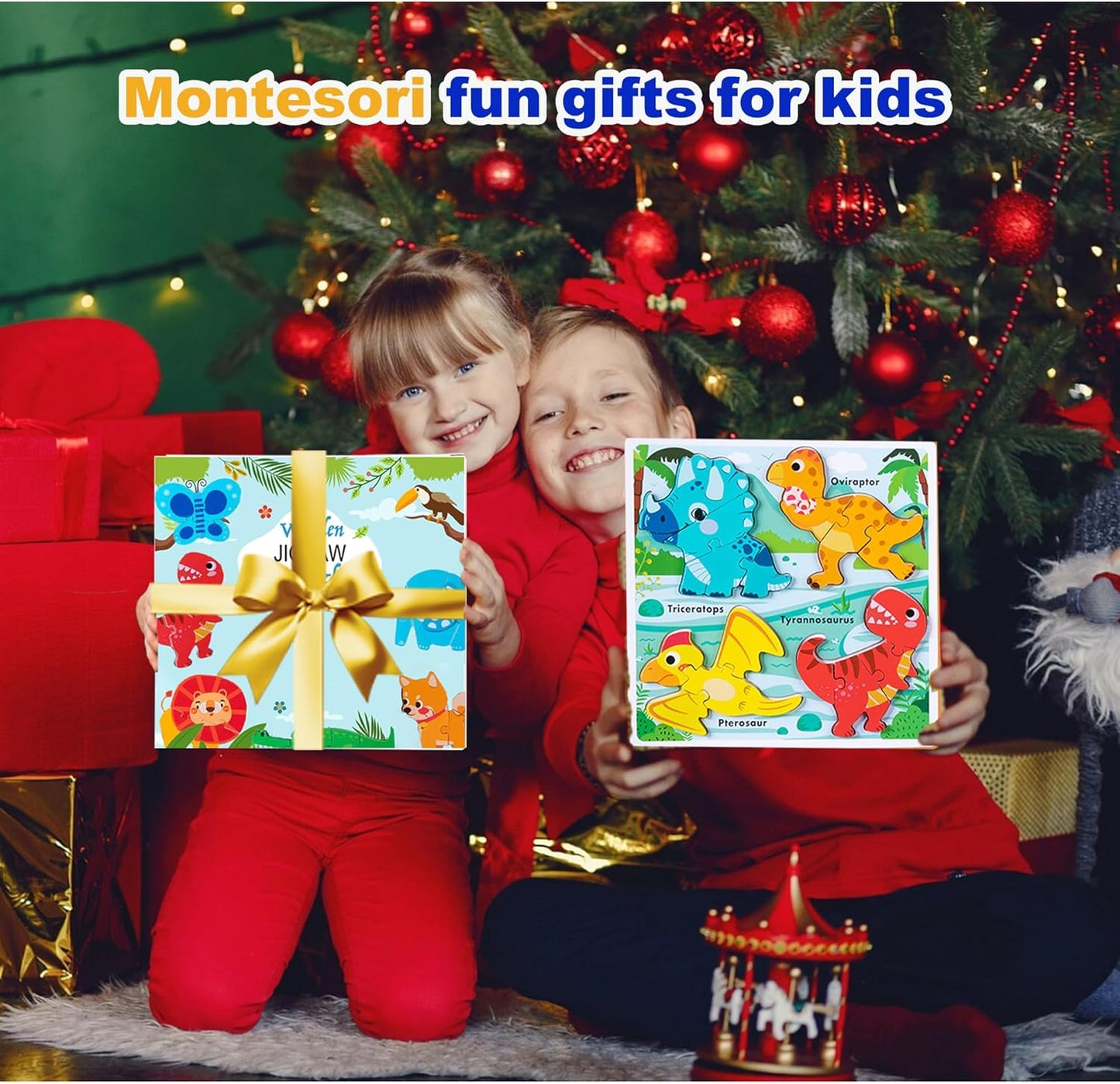 Wooden Jumbo Base Dinosaur Puzzle1-3, Dinosaurs Toys for 2 3 Years Old Boy Girls Kids,Toddler Toys Ages 2-4,Preschool Wood Dino Educational Gifts for Boys