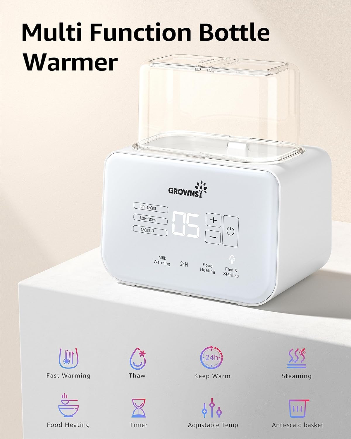 Baby Bottle Warmer, Grownsy 8-in-1 Fast Milk Warmer with Timer Breastmilk or Formula, Fits 2 Bottles, Accurate Temperature Control, with Defrost, Sterili-zing, Keep, Heat Baby Food Jars Function