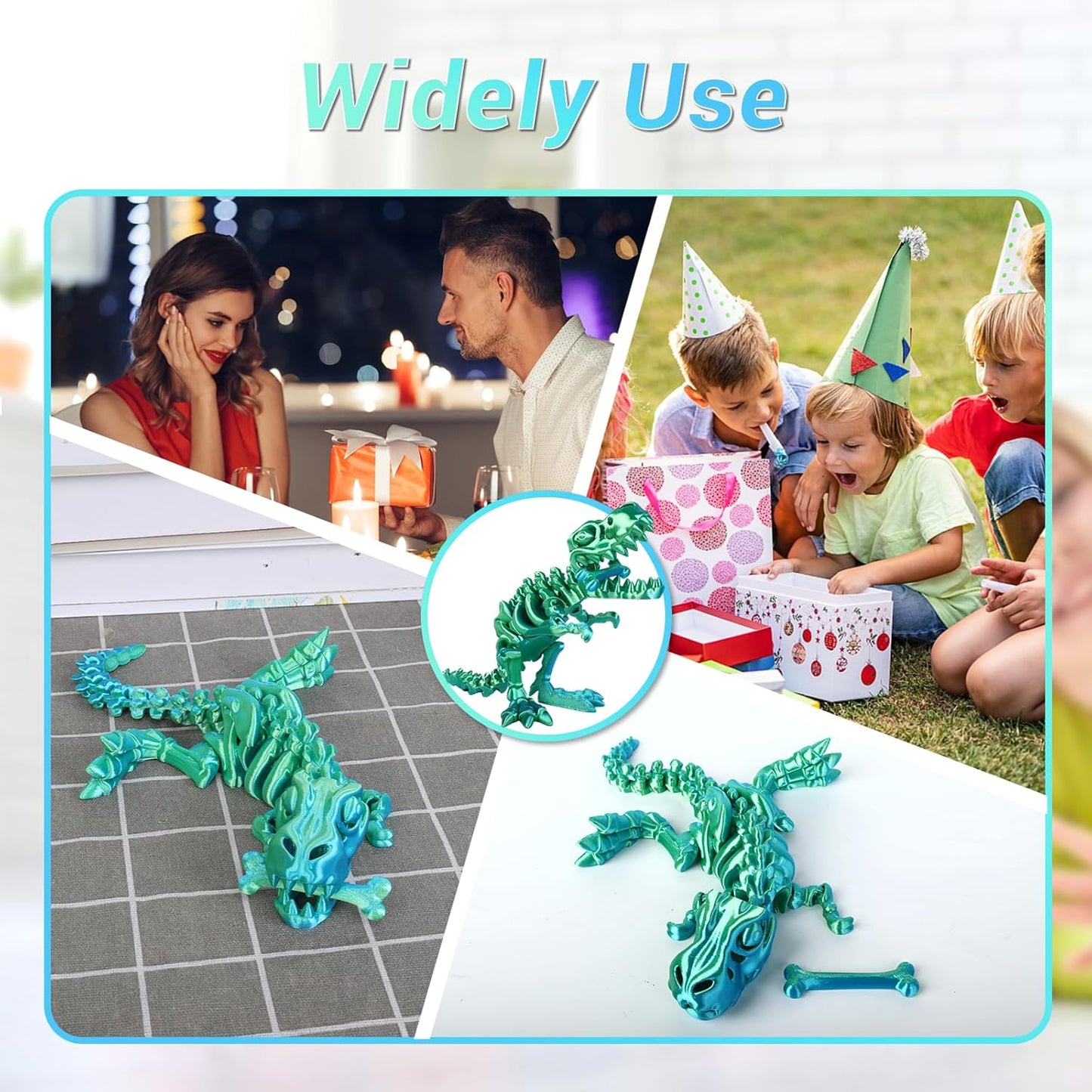 3D Printed Dinosaur Bone Skeleton Tyrannosaurus Rex with Movable Jaw Fidget Dinosaur Toys Full Articulated Dinosaur Executive Desk Toys Home Office Decor, Cyan