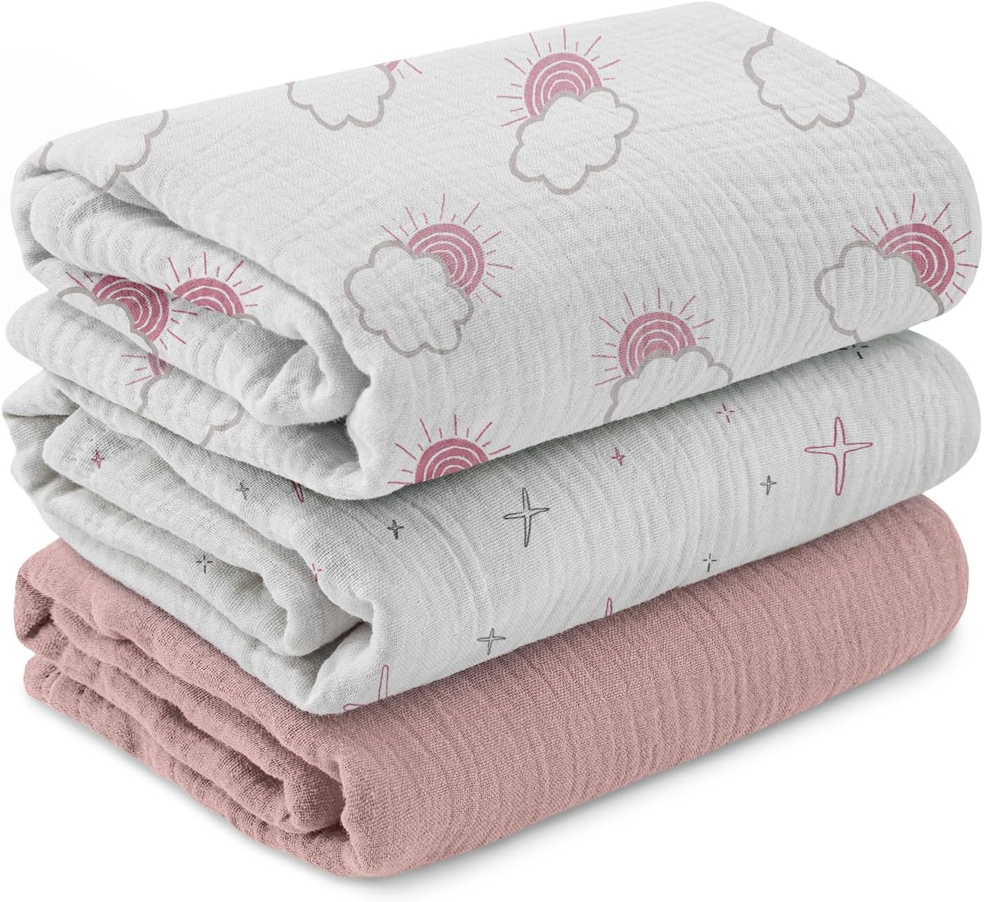 Muslin Swaddle Blankets for Newborn, 3 Pack Breathable Soft Receiving Blanket, Large 38 x 40 inches Swaddle Wrap Burping Clothes Diapers, Essentials Infant Shower Items, Toddler Gift (Clouds & Stars)