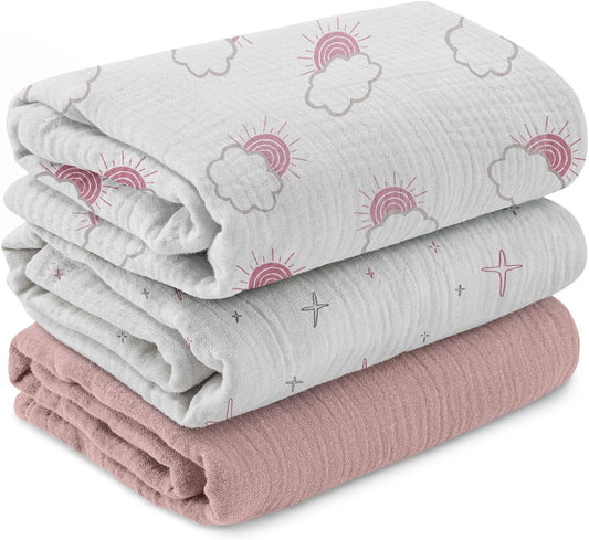 Muslin Swaddle Blankets for Newborn, 3 Pack Breathable Soft Receiving Blanket, Large 38 x 40 inches Swaddle Wrap Burping Clothes Diapers, Essentials Infant Shower Items, Toddler Gift (Clouds & Stars)
