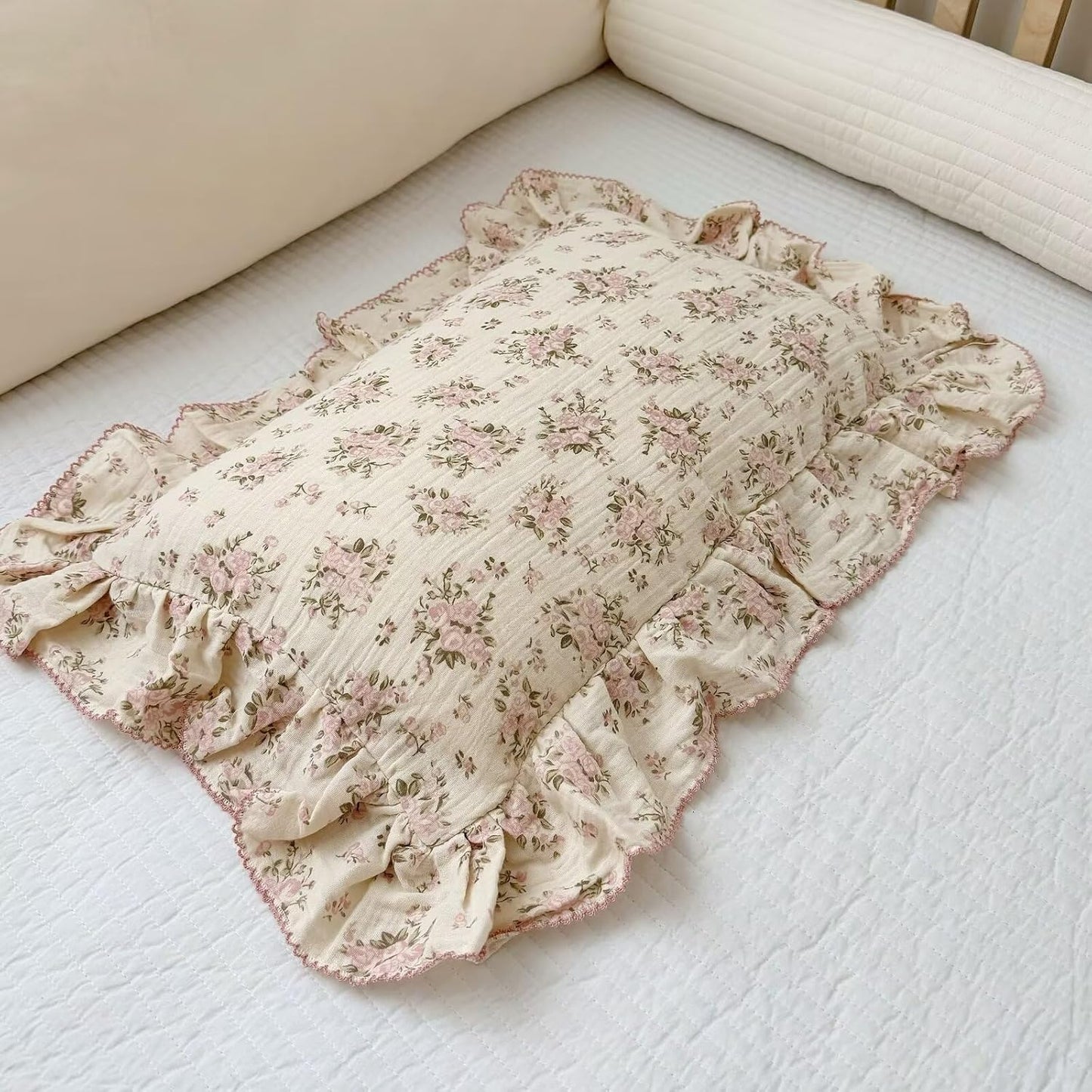 BuLuTu Cotton Muslin King Pillow Case, Chic Shabby Pink Floral Print Pillowcase for Teens Adults Children, French Country Ruffled Edges Pillow Cases,20x36 inch, 1 Piece, Pink Peony