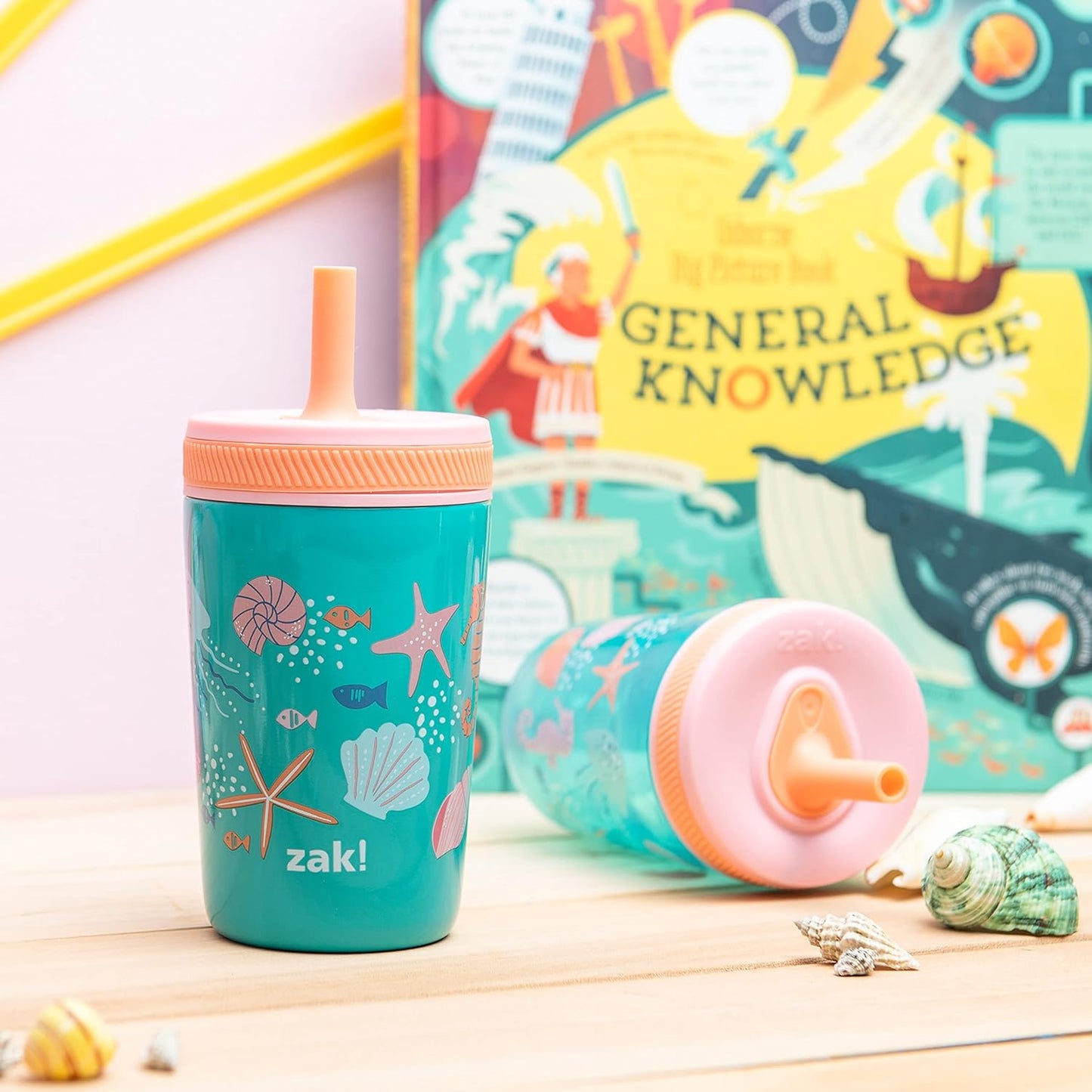 Zak Designs Shells Kelso Tumbler Set, Leak-Proof Screw-On Lid with Straw, Bundle for Kids Includes Plastic and Stainless Steel Cups with Bonus Sipper (3pc Set, Non-BPA) 15 fl.oz.