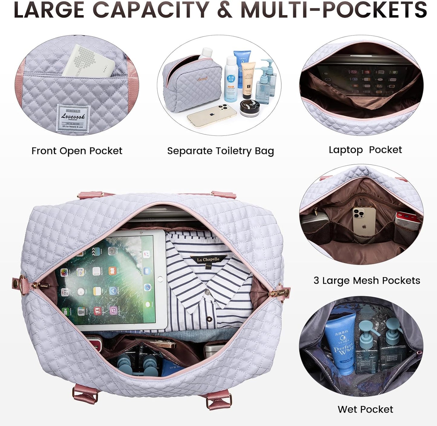 LOVEVOOK Travel Duffle Bag,Weekender Bags for Women with Shoe Compartment，Carry on Overnight Bag with Toiletry Bag,Gym Duffel Bag with Wet Pocket, Hospital Bags for Labor and Delivery