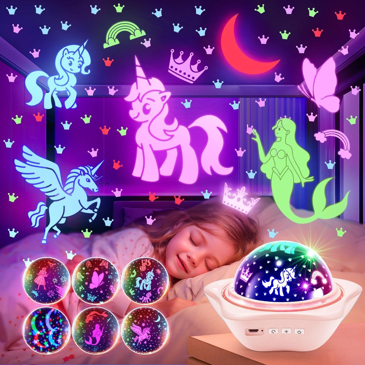 One Fire Unicorns Gifts for Girls Toys, 6 Films Unicorn Night Light Projector for Bedroom,Rechargeable Night Light for Girls Gifts,360° Rotating Butterfly Lamp,Unicorn Toys Mermaid Toys Princess Gifts