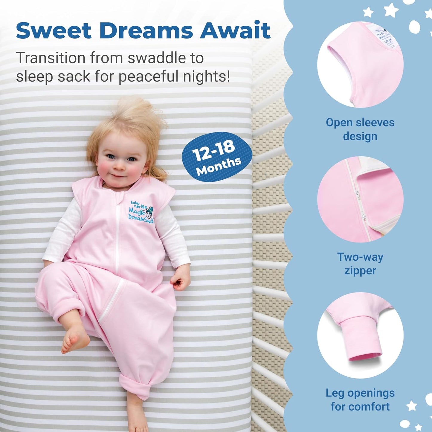 Magic Sleepsuit Baby Merlin's Cotton Baby Swaddle Transition Product - Soft and Cozy Design, Double Zipper for Easy Diaper Changes, Promotes Safe Sleep, 3-6 Months - Navy Blue - Large 18-21lbs