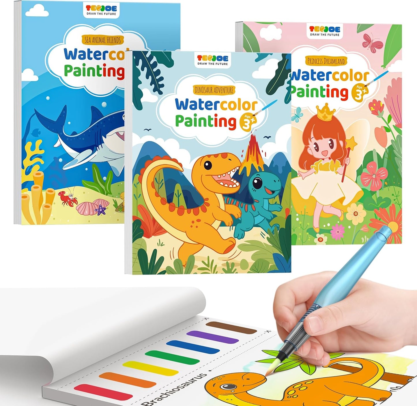 TECJOE 3 Pack Paint With Water Coloring Books for Toddlers, Watercolor Paint Set with 6 Brushes, Painting Activity for Kids Ages 4 5 6 7 8, Christmas Gift arts & Crafts Toy, Princess, Dinosaur & Sea