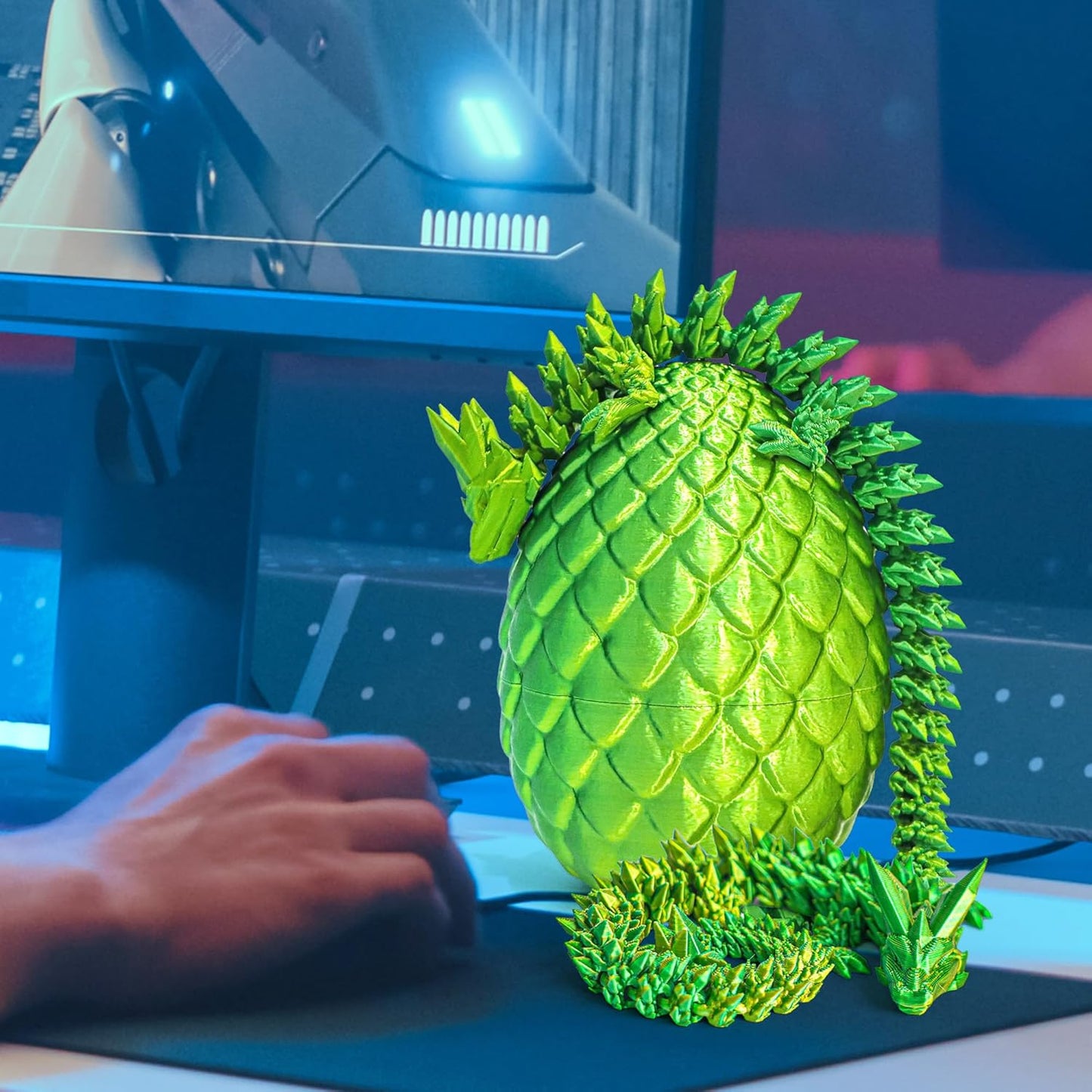 Dragon Egg - 3D Printed Egg with Flexible Pearly Sheen Dragon Inside, 3D Printed Surprise Gift, Articulated Dragon Egg Fidget Toy, Figurine Decor (12” Dragon Gold Mix Green)