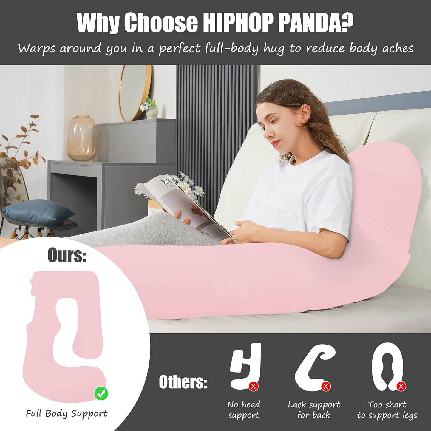 HIPHOP PANDA U-Shaped Pregnancy Pillow for Sleeping - Full Body Maternity Support Pillow with Removable Cover - Comfort for Back, HIPS, Legs, Belly - 57 Inch for Pregnant Women, Pink
