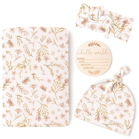 Konssy Baby Girl Newborn Receiving Blanket with Matching Headband and Beanie Set Baby Swaddle Nursery Swaddle Wrap