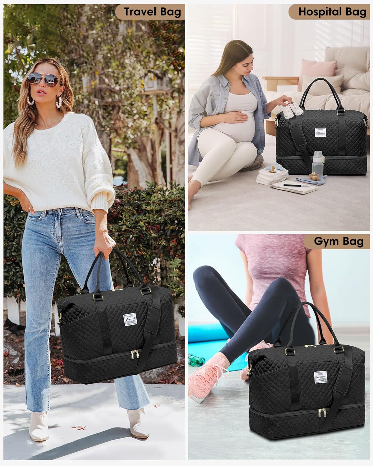 Weekender Tote Travel Duffle Bag - Carry on Bag with Toiletry Bag Overnight Bag with Shoe Compartment Gym Duffel Bag with Wet Pocket Mommy Hospital Bags for Labor and Delivery