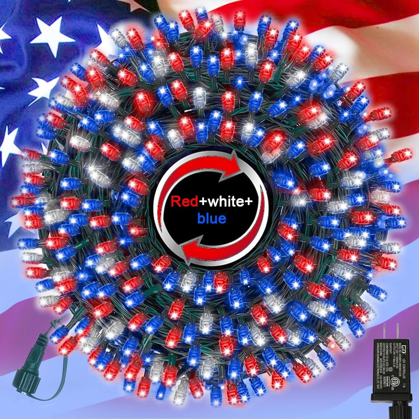 66ft Patriotic String Lights - Red White Blue Mini Lights, 200 LED Green Wire Fairy Starry String Lights Plug in, 11 Modes for Independence Day Celebration Party Memorial Day Decor