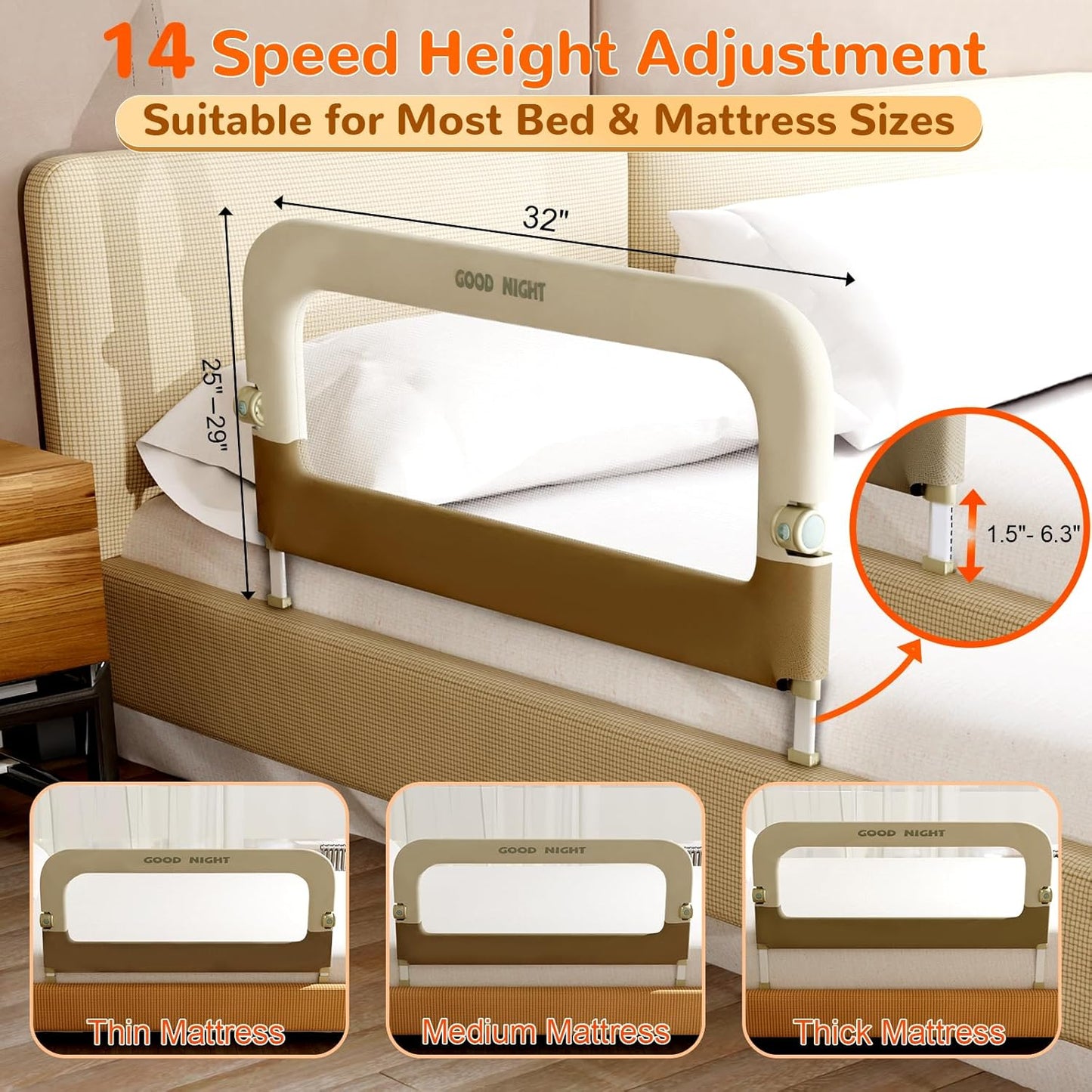 Bed Guard Rail for Toddlers - 32" Adjustable Heights & Folding up Portable Bed Railing for Baby - Toddler Bed Rails Guard for Crib, Twin, Bunk,Full Size, Queen & King Bed