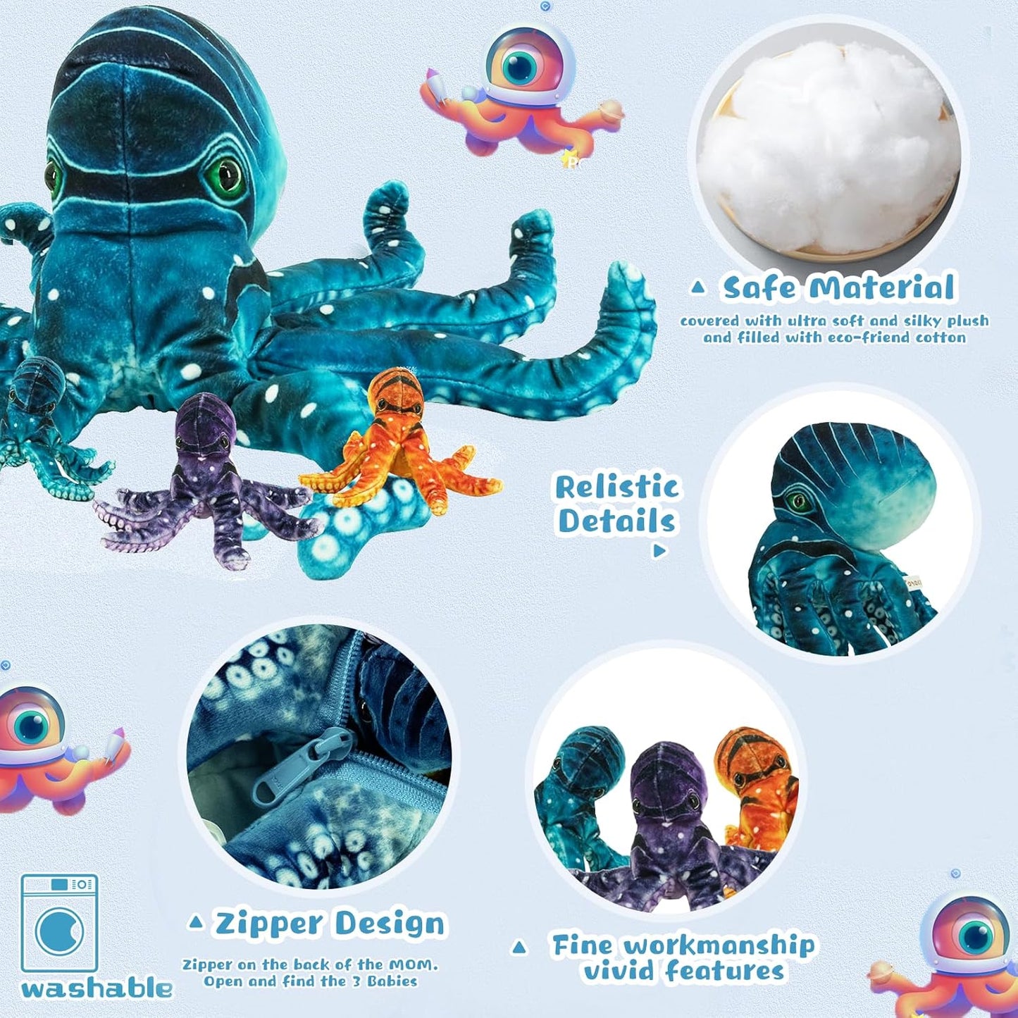 Octopus Stuffed Animal, 11''Marine Printed Octopus Plush Toys with 3 Baby, Soft Washable Toy Stuffed Marine Animal for Home Decor, Idea Gift for Kids Boys Girls Christmas Birthday Gifts (Blue)
