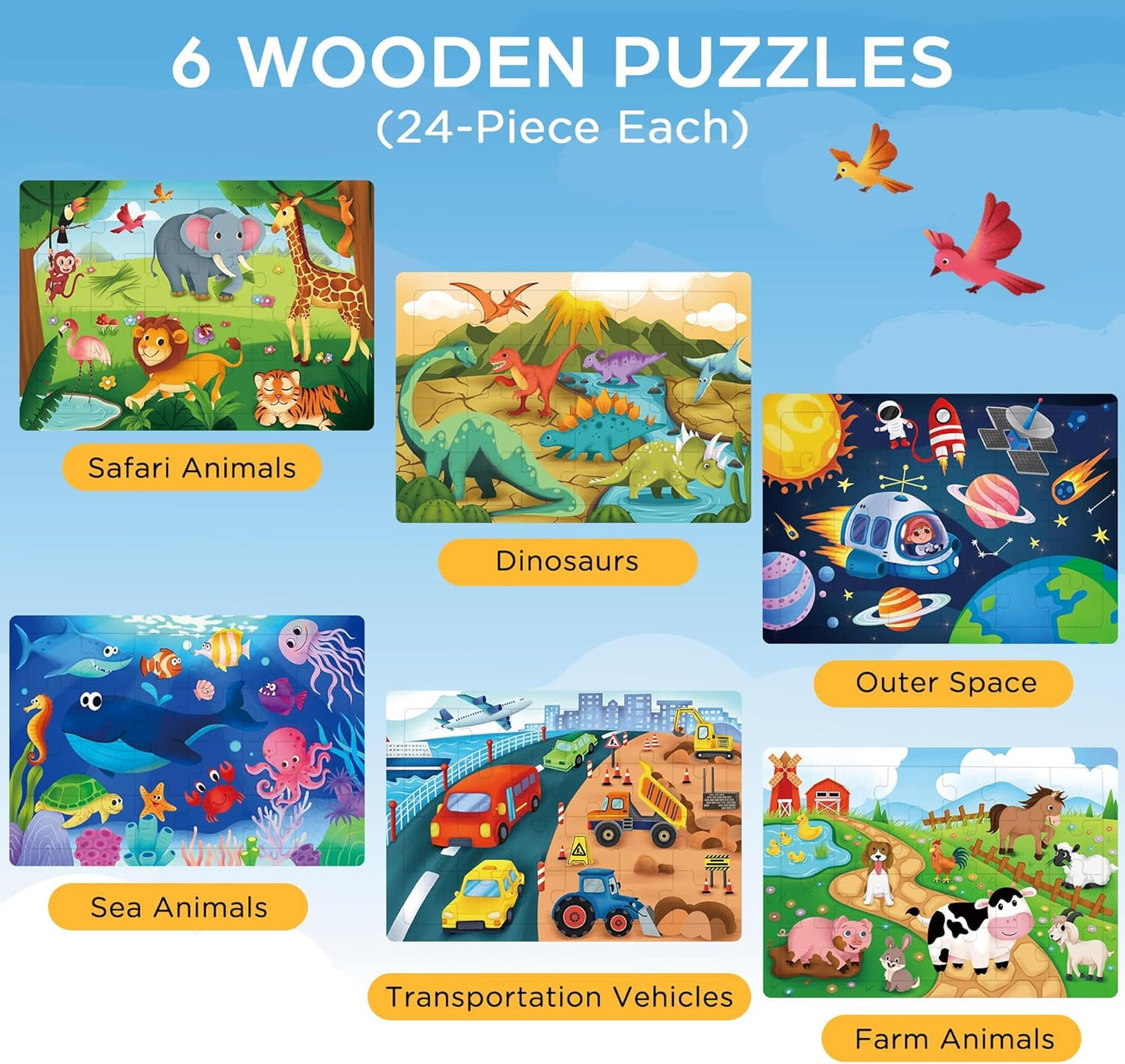 BenBen Puzzles for Kids Ages 4-6, 6 Pack 24 Piece Wooden Jigsaw Puzzles for Toddlers Ages 3-5, Preschool Learning Educational Toys for Boys Girls