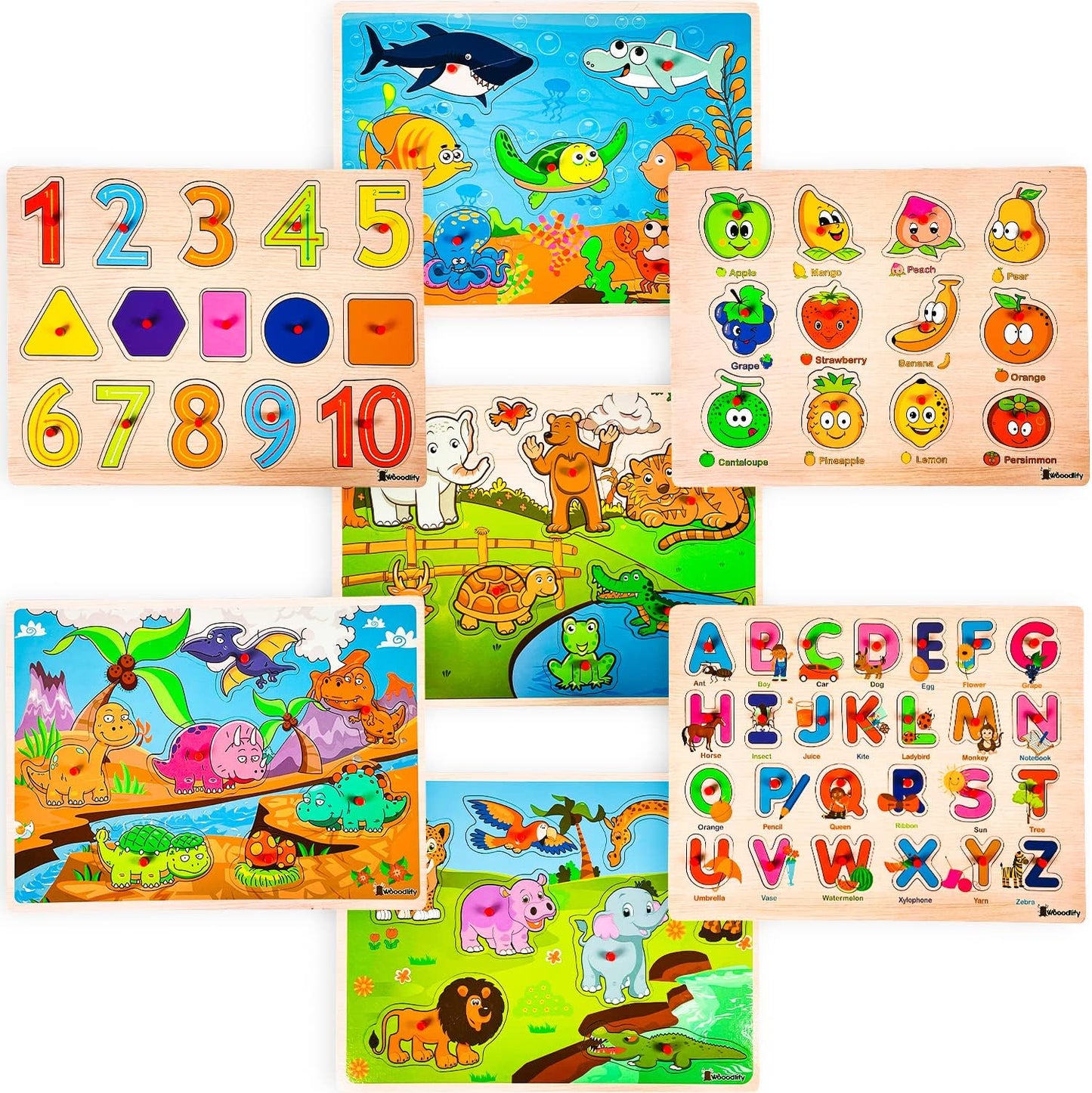 7 Pack Wooden Puzzles for Toddlers 2 3 4 5 Years Old - 7 Colorful Chunky Wood Peg Puzzles for Kids Ages 2-5, Alphabet Shape Numbers Fruits Sea Animals Dinosaur Zoo - Educational Toddler Learning Toys