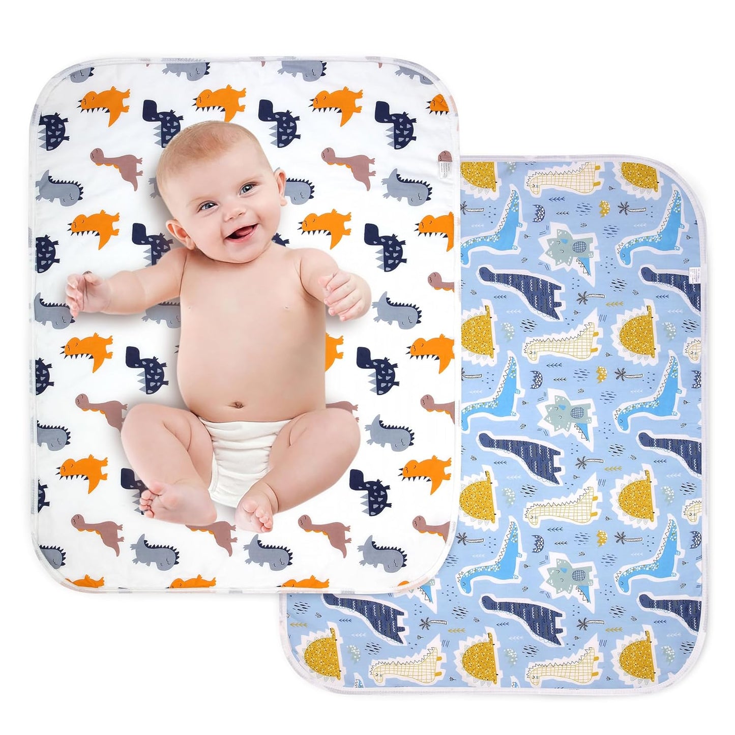 2Pcs Diaper Changing Pads for Baby, Dinosaur Change Mat, 3Layers Waterproof Change Pad Foldable Absorbent Mats for Women, Reusable Incontinence Underpads for Patient 24''x30'' (Colorful Dinosaur)