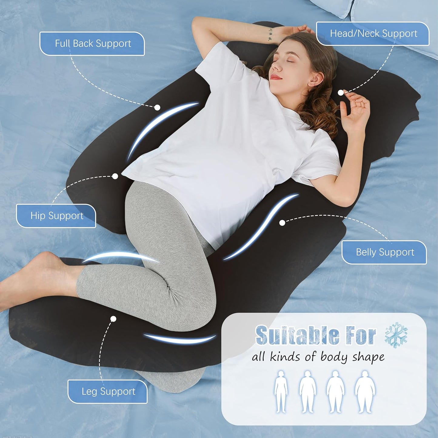 HIPHOP PANDA U-Shaped Pregnancy Pillow for Sleeping - Full Body Maternity Support Pillow with Cooling Removable Cover - Comfort for Back, HIPS, Legs, Belly - 57 Inch for Pregnant Women, Black