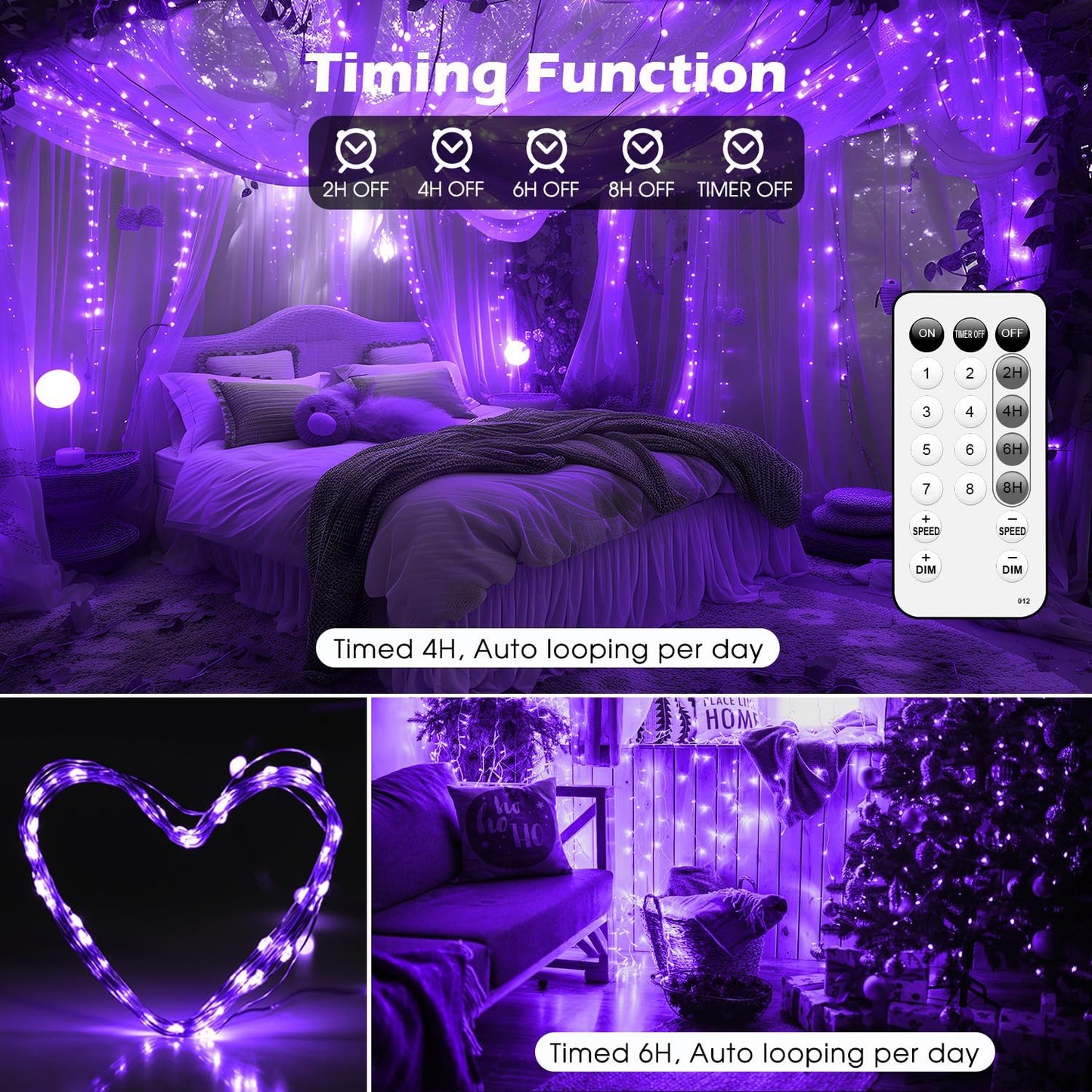 Fairy Lights 72ft 220 LED USB Twinkle String Lights Plug in Silver Wire Lights with Remote and Timer 8 Modes Outdoor Waterproof Starry Lights DIY Party Wedding Christmas Decoration（Purple）