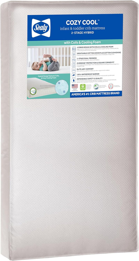 Sealy Baby Cozy Cool Hybrid Breathable Crib Mattress, GREENGUARD GOLD Certified, Made in USA, Cooling Foam, 2 Stage, Toddler Bed Fit, 204 Coils & Cotton Cover, Safety & Quality Tested, 52x28"