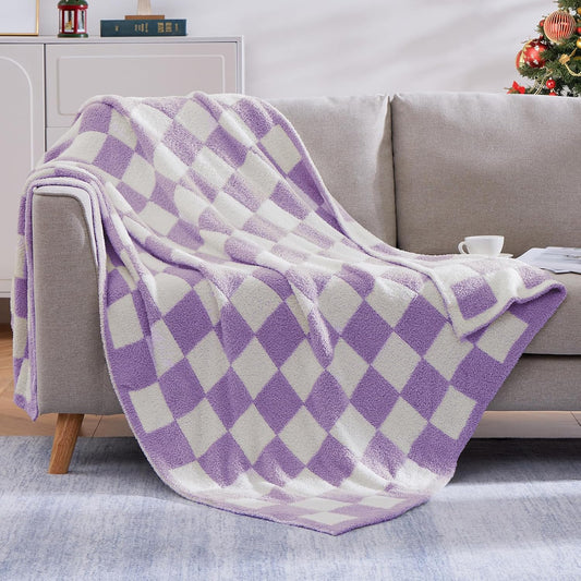 WRENSONGE Checkered Throw Blanket, Purple Soft Cozy Fluffy Warm Hand Made Throw Blankets for Couch, Sofa, Chair, Bed, Camping, Picnic, Travel Lightweight Bed Blanket - 60"*80"