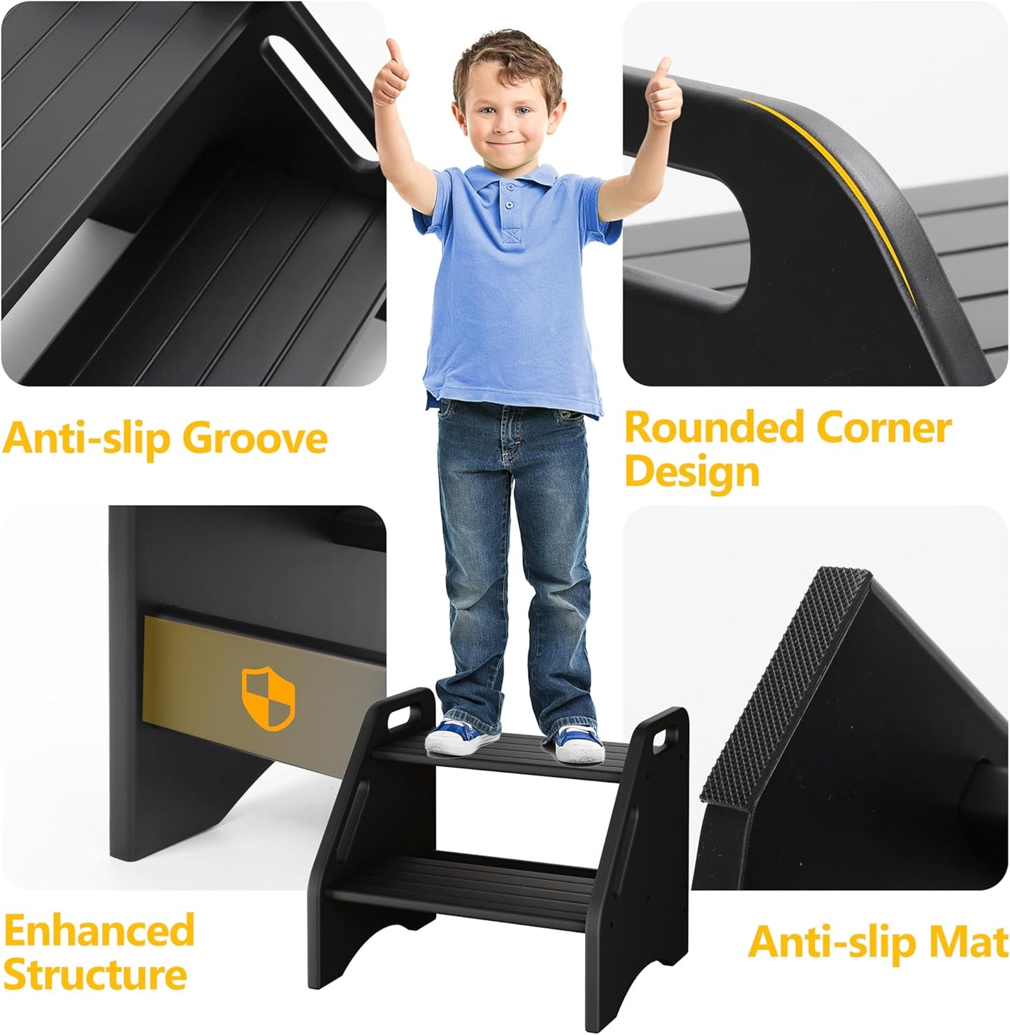 AMBIRD Wooden Step Stool, Two Step Stools 300 lbs Capacity with Safety Non-Slip Pads and Handles, Bamboo Step Stool for Bathroom, Kitchen Dual Height Step Stools for Adults (Black)