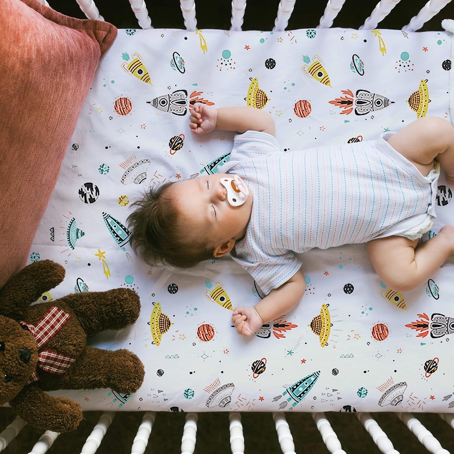 Astronaut Space Galaxy Baby Crib Sheet Outerspace Adventures 100% Soft Breathable Microfiber Baby Sheet Fits Standard Size Crib Mattress 28in x 52in Nursery Sheet -by UOMNY