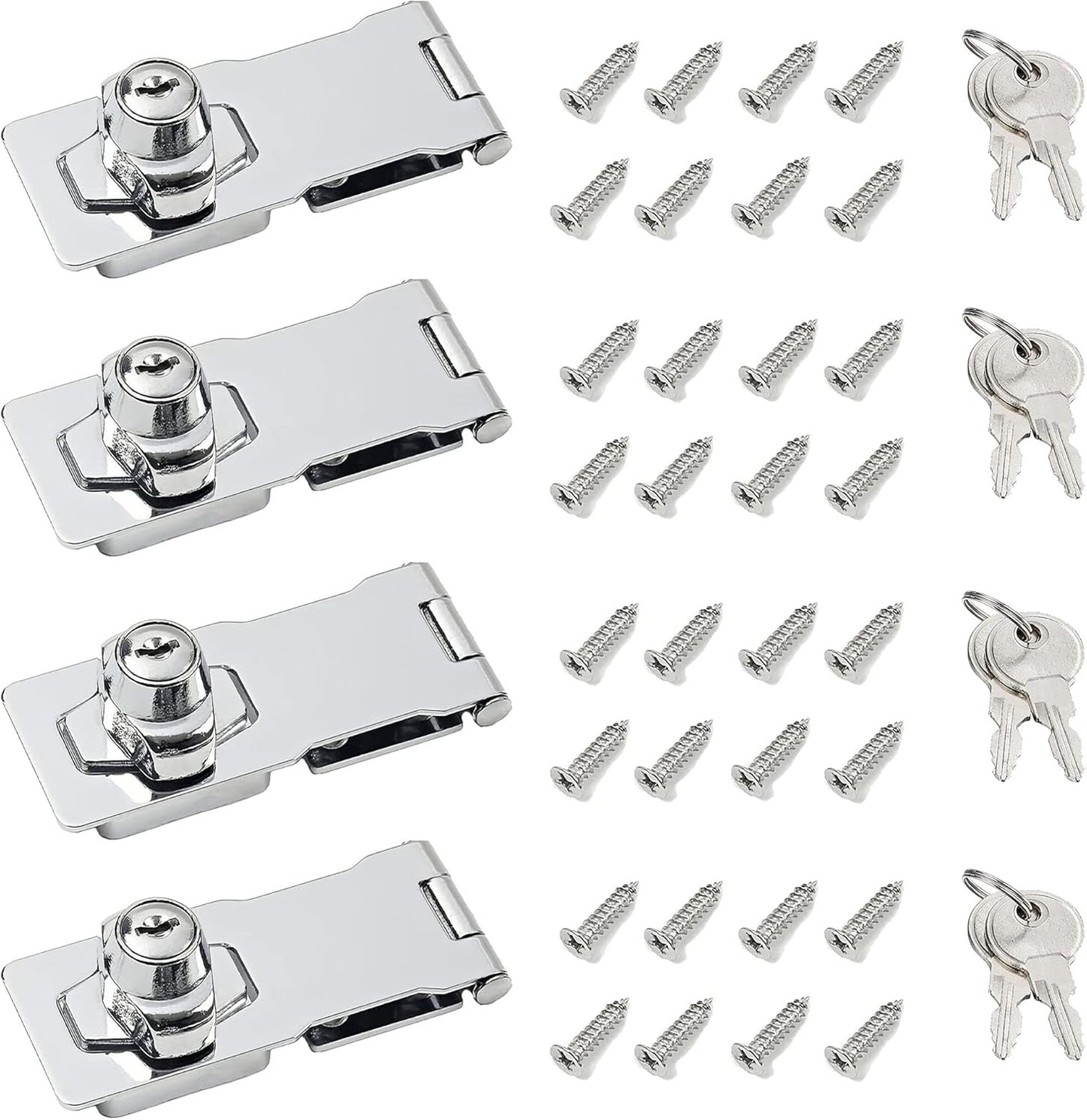 4 Inch Keyed Hasp Lock for Cabinets & Small Doors, Twist Knob Design, Heavy Duty Zinc Alloy with Chrome-Plated Iron, Includes Keys & Screws - Silver, 4 Pack