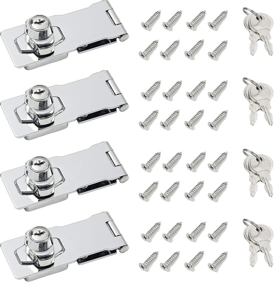 4 Inch Keyed Hasp Lock for Cabinets & Small Doors, Twist Knob Design, Heavy Duty Zinc Alloy with Chrome-Plated Iron, Includes Keys & Screws - Silver, 4 Pack