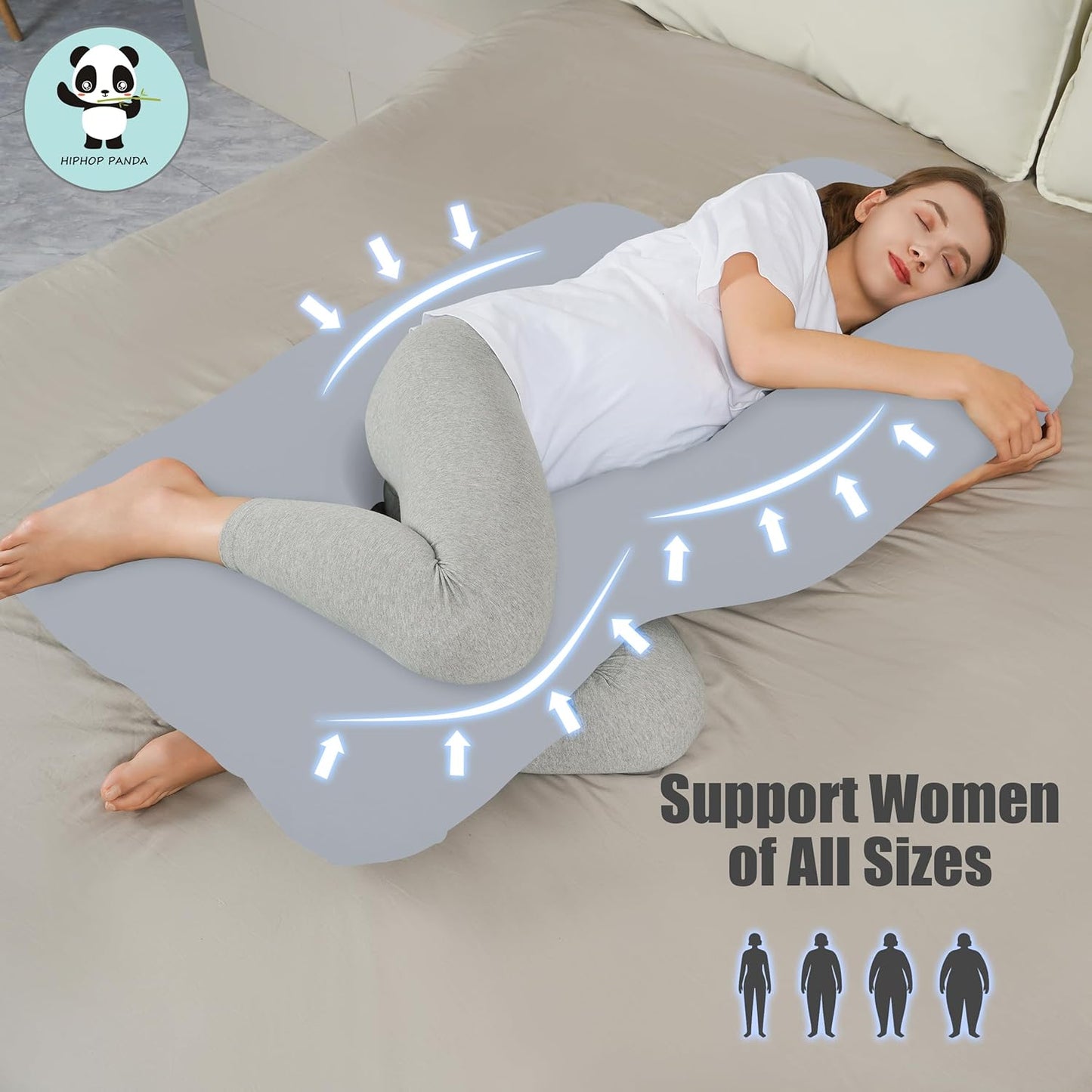 HIPHOP PANDA U-Shaped Pregnancy Pillow for Sleeping - Full Body Maternity Support Pillow with Removable Cover - Comfort for Back, HIPS, Legs, Belly - 57 Inch for Pregnant Women, Light Grey