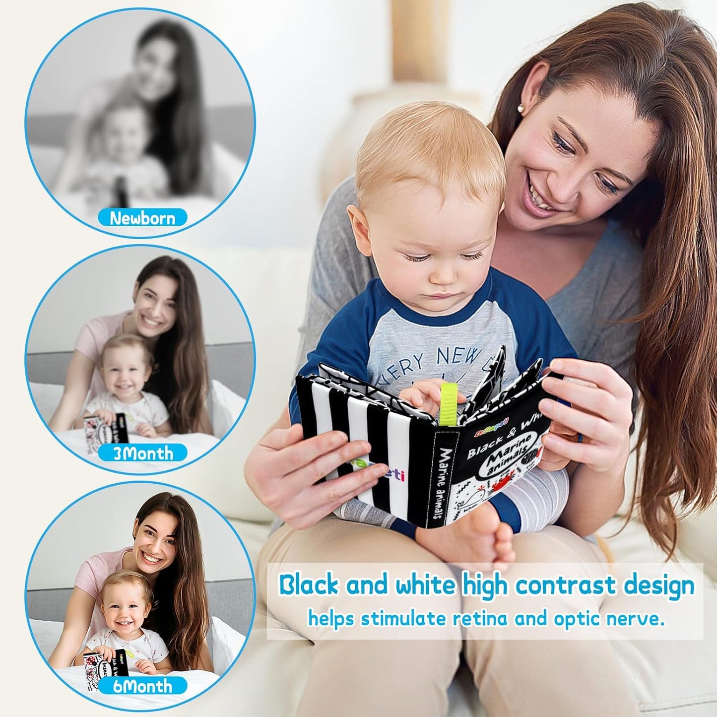 Dr.Rapeti Soft Cloth Books Baby Books Bath Books 6-Pack for Baby Infant Toddler Kids High Contrast Black and White Crinkle Washable Chewable Non-Toxic Early Educational Giftable