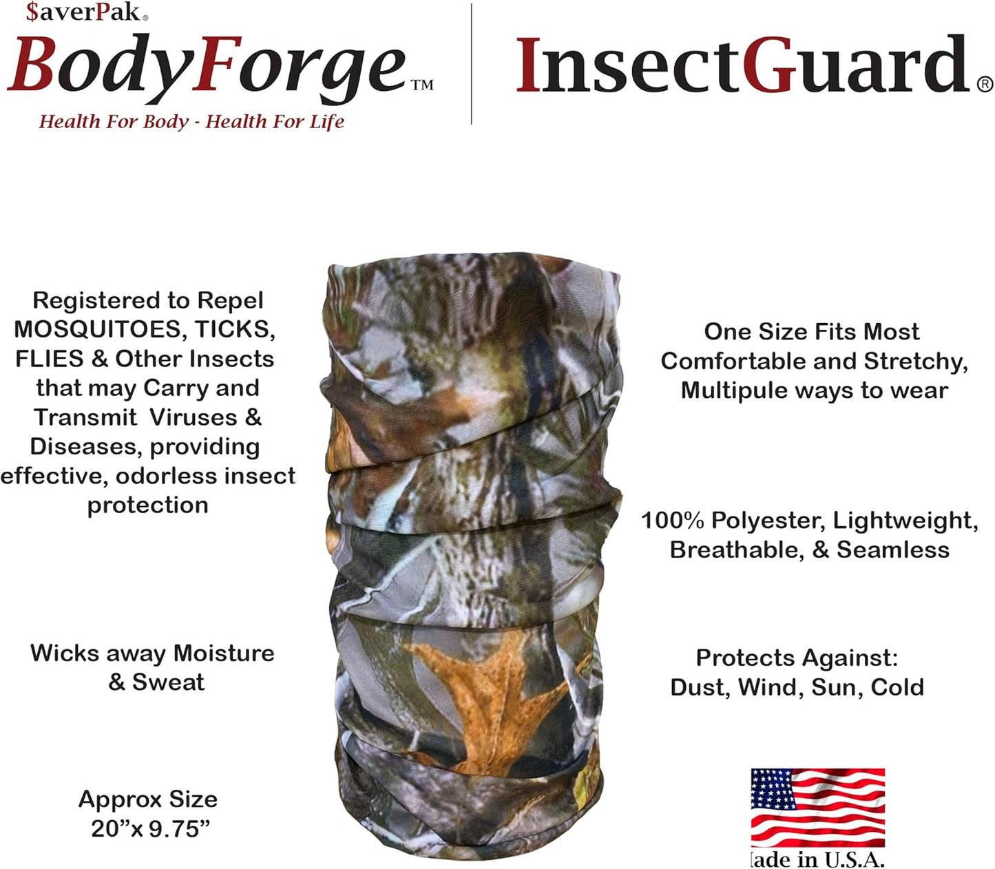$averPak BodyForge & InsectGuard Permethrin Treated Mosquitoes, Flies, Ticks & More Insect Repellent Tube Bandanna Neck Gaiter Headband (Camouflage)