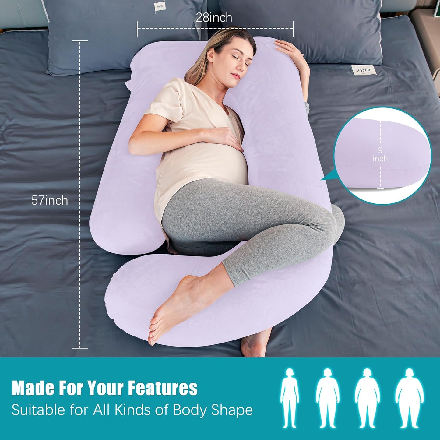 Cute Castle Pregnancy Pillows, Soft U-Shape Maternity Pillow with Removable Cover - Full Body Pillows for Adults Sleeping - Pregnancy Must Haves - Jumbo 57 Inch - Purple