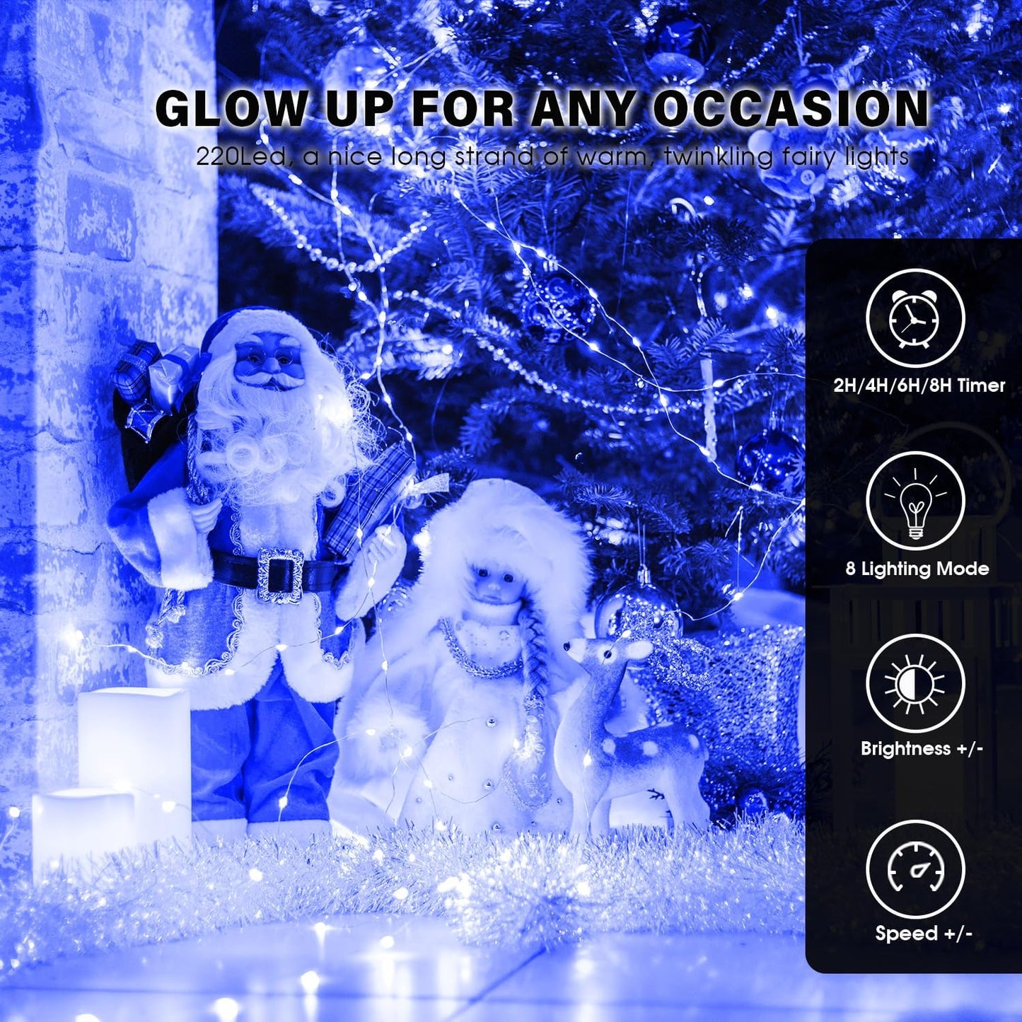 Fairy Lights 72ft 220 LED USB Twinkle String Lights Plug in Silver Wire Lights with Remote and Timer 8 Modes Outdoor Waterproof Starry Lights DIY Party Wedding Christmas Decoration（Blue）